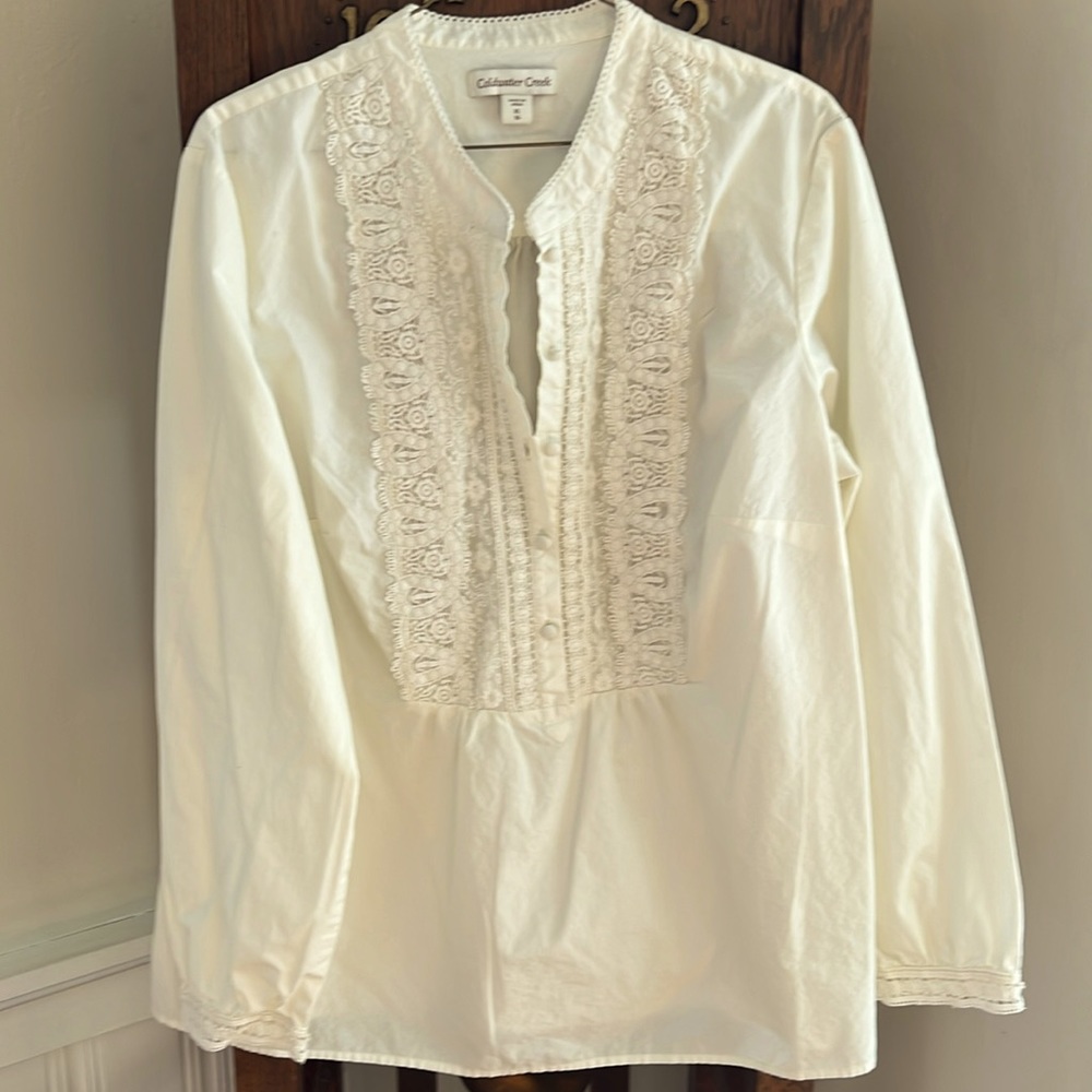 Coldwater creek 100% Cotton 3/4 button front Embroidered Top